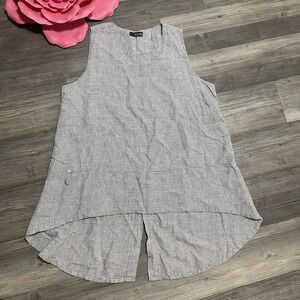 MOONLIGHT Y & S FASHION Sz L/XL Linen Tunic Top Gray White Check Lagenlook